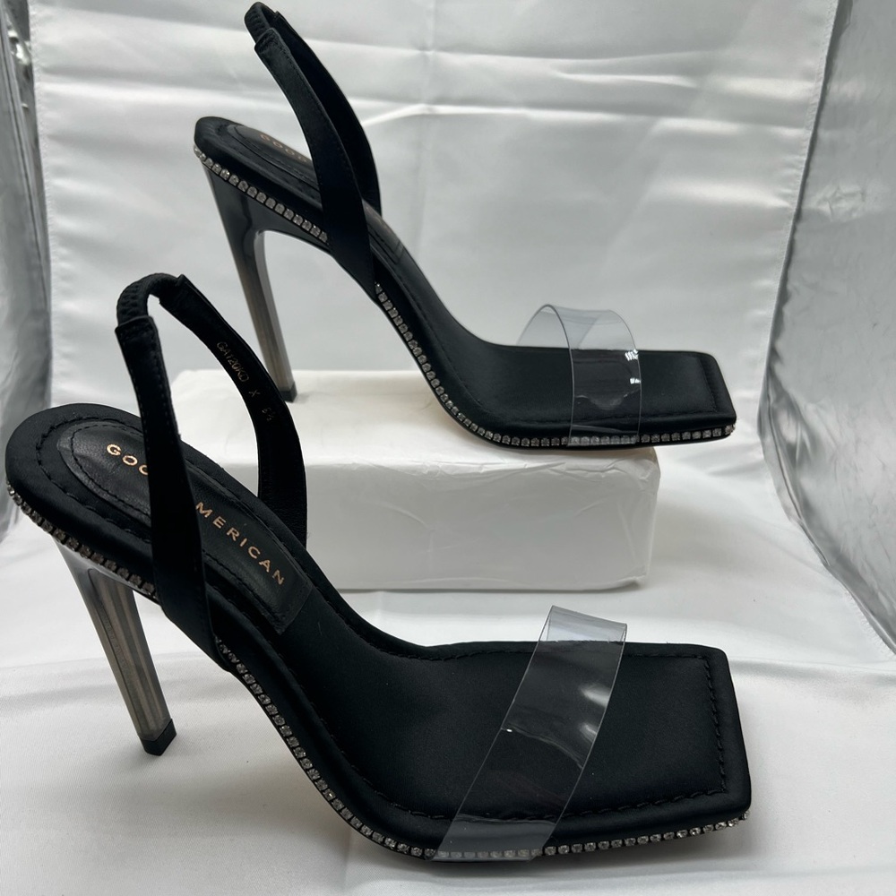 Good American Black Clear Strap Rhinestone Trim Stiletto Heels